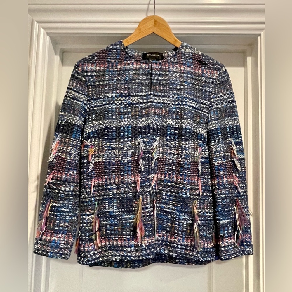 St. John Knits Fringe Tweed Jacket (Blue-Multi) (Size 0)